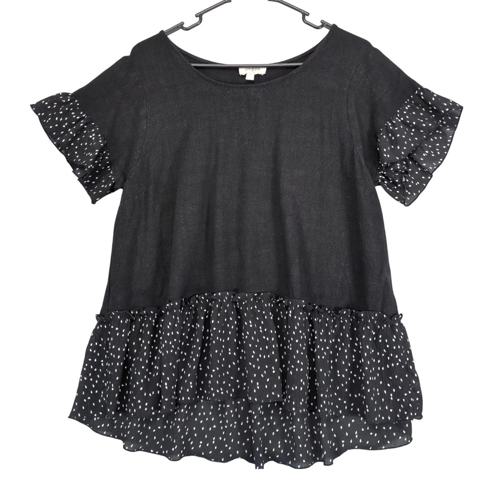Umgee Black Ruffle Peplum Blouse Womens M High-Low Hem Linen Blend Boutique Chic